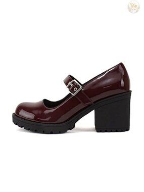 Women's Mary Jane Round Toe Mid Chunky Block Heel Lug Sole Pump with Adjustable
